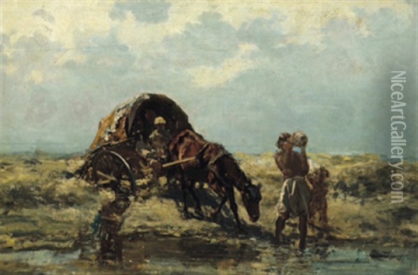 Zigeunerwagen An Einer Furt Oil Painting - August Xaver Carl von Pettenkofen