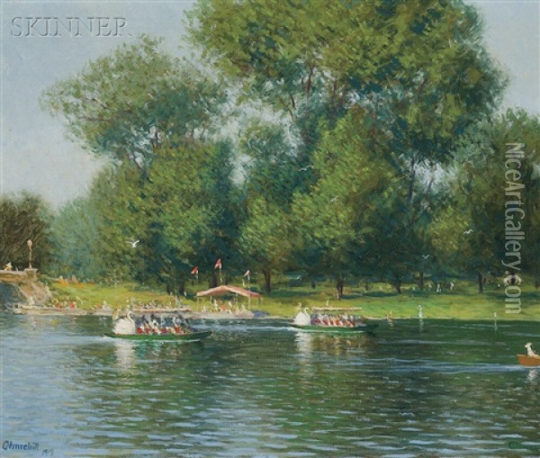 Swan Boats On Lake, Public Garden Oil Painting - William Worcester Churchill