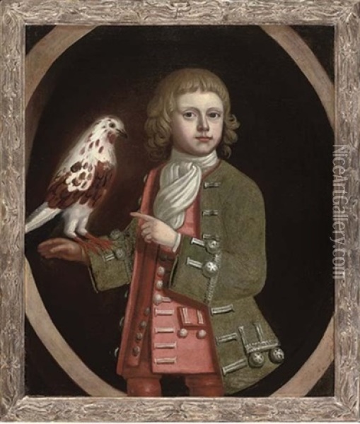 Portrait Of A Young Boy In A Green Coat And Red Waistcoat, A Bird On His Arm Oil Painting - Enoch Seeman