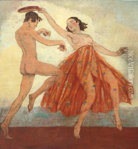 Couple De Danseurs Aux Tambourins Et Auxcymables Oil Painting - Henry Caro-Delvaille