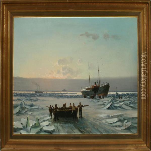 Icewinter With A Stranded Ship In The Ice Oil Painting - Carl Johan Neumann