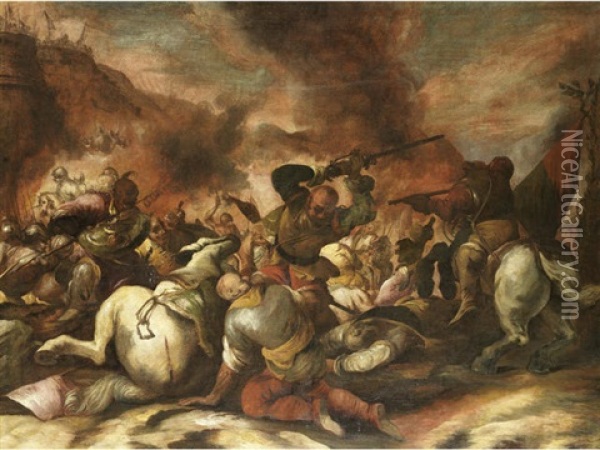 A Cavalry Battle (+ A Siege; Pair) Oil Painting - Antonio Calza