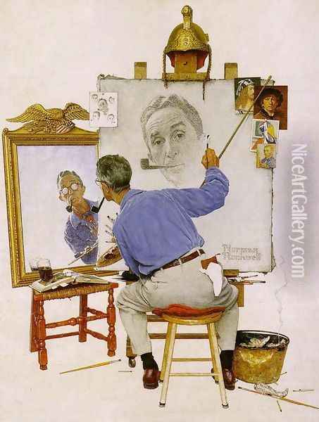Triple Self Portrait Oil Painting - Norman Rockwell