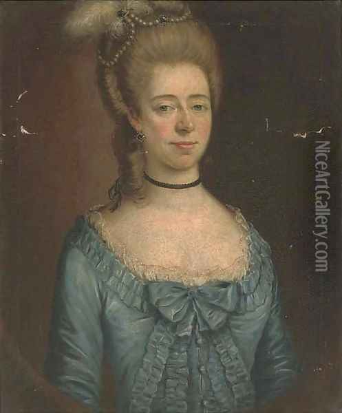 Portrait of a lady, half-length, in a blue dress, in a feigned oval Oil Painting - English School