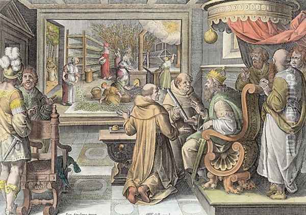 The Beginning of the Silk Industry in Europe, plate 9 from Nova Reperta New Discoveries engraved by Philip Galle 1537-1612 c.1600 2 Oil Painting - Giovanni Stradano