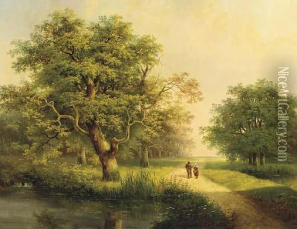 Travellers Passing A Stream In A Wooded Landscape Oil Painting - Marianus Adrianus Koekkoek