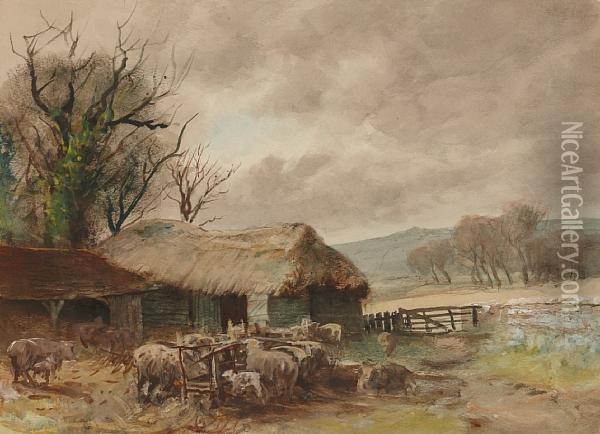 At The Farmyard Oil Painting - Henry Charles Fox