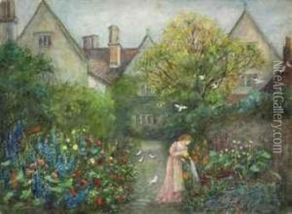 A Lady In The Garden At Kelmscott Manor, Gloucestershire Oil Painting - Maria Euphrosyne Spartali, later Stillman