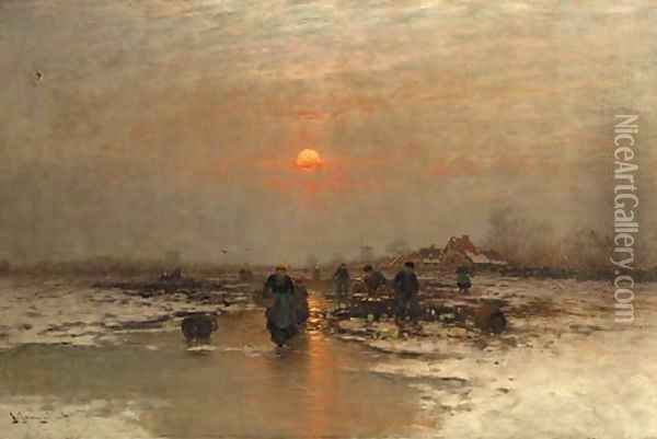 Ice fishing at dusk Oil Painting - Johann II Jungblut