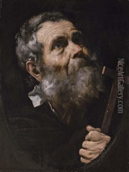 A Saint Holding A Cross, In A Painted Oval Oil Painting - Jusepe de Ribera