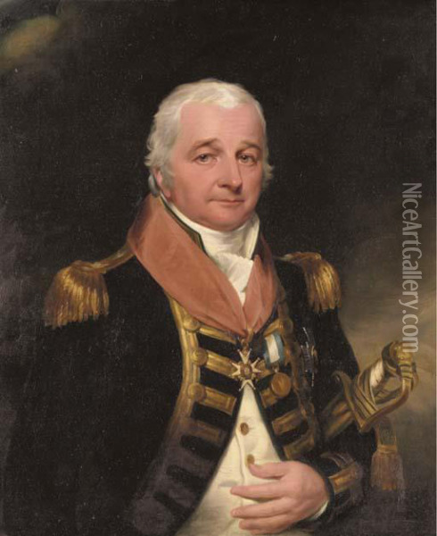 Portrait Of Vice-admiral Sir William H. Essington, K.c.b,half-length, In Full Naval Uniform, Wearing His Insignia Of Theknight Commander Of The Order Of The Bath And The Gold Medal Forthe Battle Of Camperdown, With His Naval Sword Tucked Under Hisleft Arm Oil Painting - John James Halls
