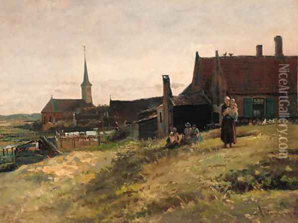 A family before a farm house, Zandvoort Oil Painting - Hendrik Valkenburg