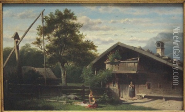 Sommerliche Ansicht Eines Bayrischen Hofs Mit Kindern Und Magd Oil Painting - Friedrich Carl Mayer