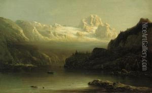 View Of The Dachstein Massive And Lake Gosan, Austria Oil Painting - Eduard Hildebrandt
