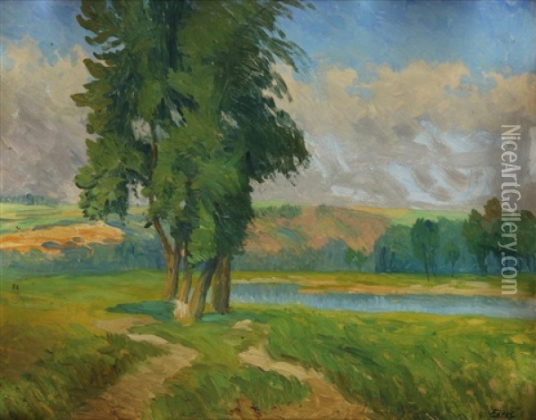 Baume Am Flussufer Oil Painting - Jindrich Fuerst