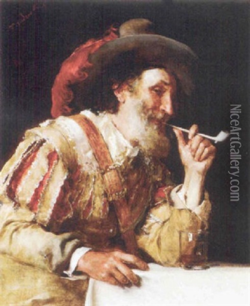 A Distinguished Cavalier Smoking A Pipe Oil Painting - Federico Andreotti