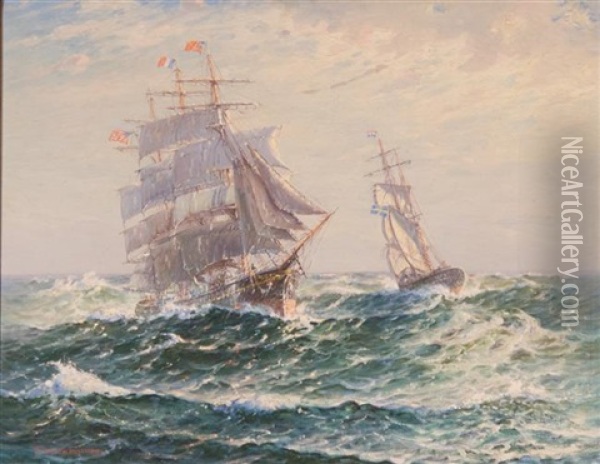 American And Swedish Ships Passing At Sea Oil Painting - Theodore Victor Carl Valenkamph