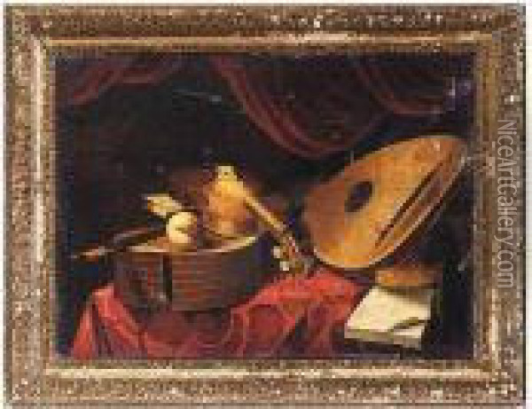 Still Life Of A Lute, A Viola, A
 Viola Da Gamba, An Open Music Score And A Peach Upon A Table Draped 
With A Red Cloth Oil Painting - Evaristo Baschenis