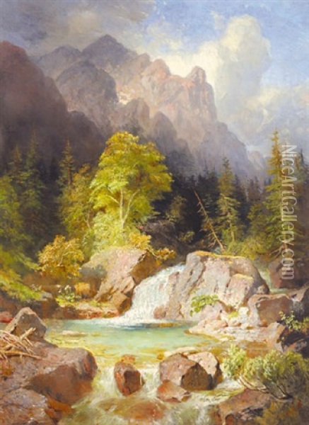 Waterfall Oil Painting - Jozsef Molnar