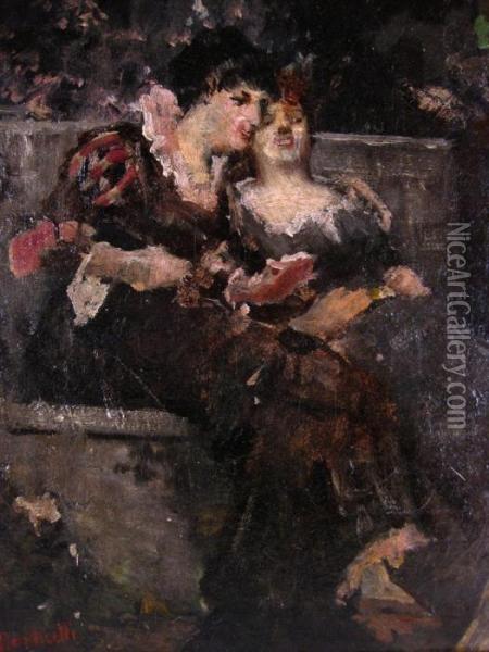 Two Women Seated In A Garden Oil Painting - Adolphe Joseph Th. Monticelli