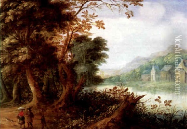 Flusslandschaft Mit Wanderern, Im Hintergrund Ei Weiler Oil Painting - Jasper van der Laanen