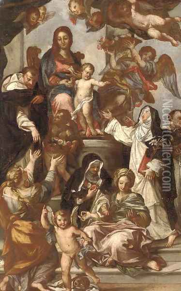 The Madonna of the Rosary with Saint Catherine of Siena, Saint Dominic and members of the Dominican Order Oil Painting - Sebastiano Conca
