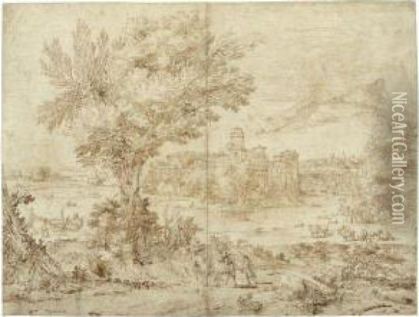 An Extensive Landscape, Two Riders In The Foreground, Afortified Town On A River Beyond Oil Painting - Pier Francesco Cittadini Il Milanese
