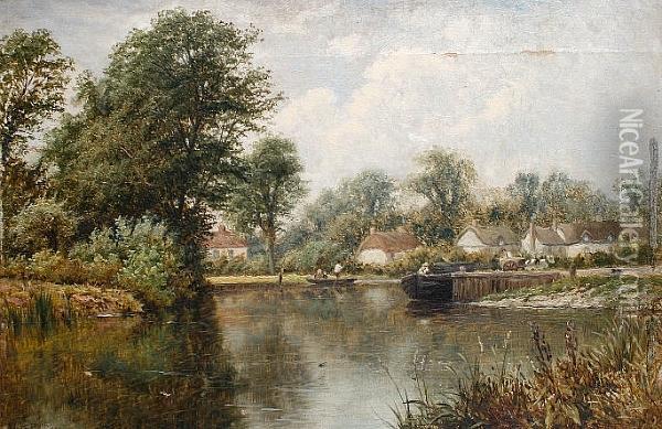 Punting Outside The Cottage Door; A Lake View Oil Painting - Thomas Spinks