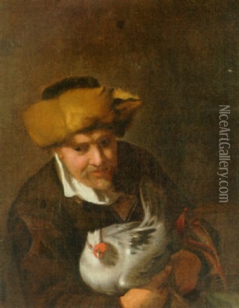 Mand Med Pelshat, Der Holder En Hone Oil Painting - Karel van Mander III