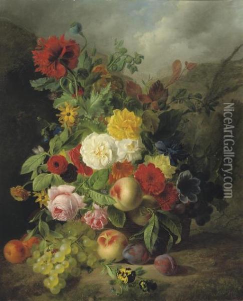 A Monumental Bouquet With Fruit And Flowers In A Basket Oil Painting - Jan Hendrik Verheijen