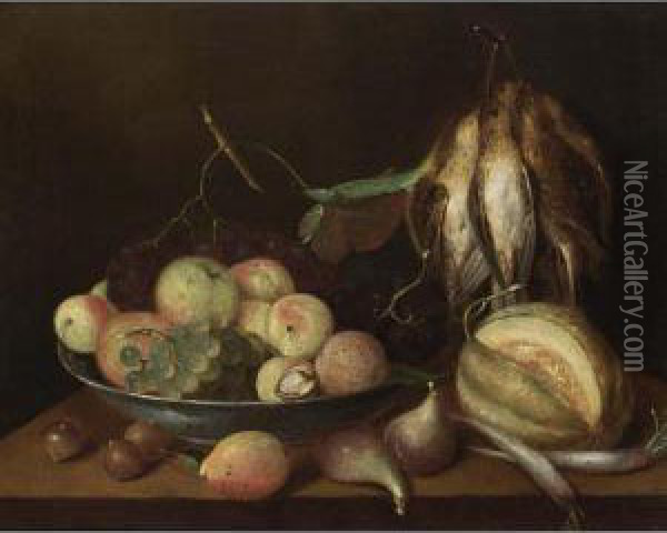 A Still Life Of Apples, Black And White Grapes And A Walnut In A Porcelain Bowl, Together With Chestnuts, A Pear, Figs, Turnips And A Melon, All On A Table With A Bunch Of Snipes Hanging On A Nail Oil Painting - Peter Soreau