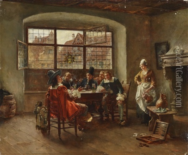 Group Of Men And Maid In An Old Dutch Room Oil Painting - Max Gaisser