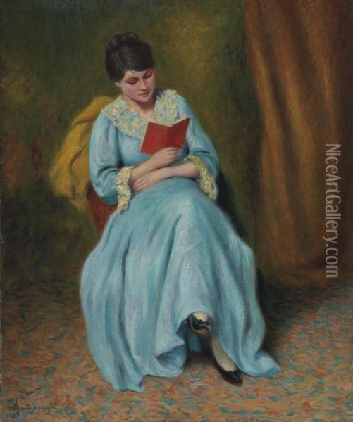 Femme En Bleu Qui Lit Oil Painting - Federigo Zandomeneghi