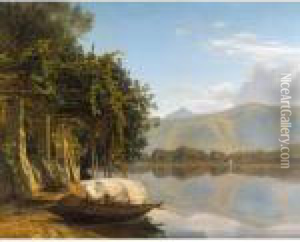 Lugano Soen Ved Pont Tresa (lake Lugano At Pont Tresa) Oil Painting - Janus Andreas La Cour