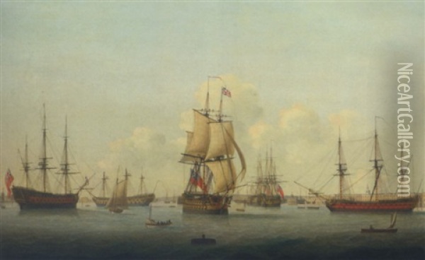 A Panorama Of Portsmouth Harbour, With A Flagship Of The Red Squadron Making Sail As She Departs Oil Painting - Thomas (Captain) Elliott