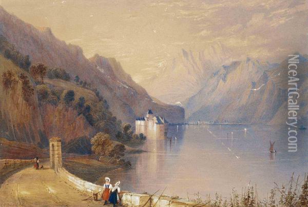 Figures Standing On The Shore Of Lake Geneva Oil Painting - Charles Frederick Buckley