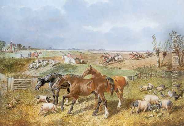 Hunters Poultry Pigs and a Fox with Hunt Beyond Oil Painting - John Frederick Herring Snr