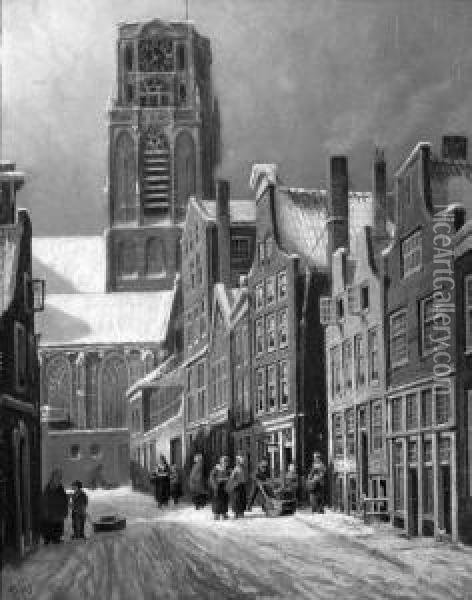 A View Of A Snow-covered Street, Rotterdam, With The St.laurenskerk In The Distance Oil Painting - Franciscus Lodewijk Van Gulik