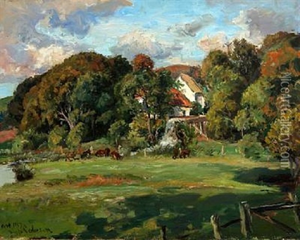 Grazing Cows Near The Water Mill At Oreso Oil Painting - Viggo Pedersen