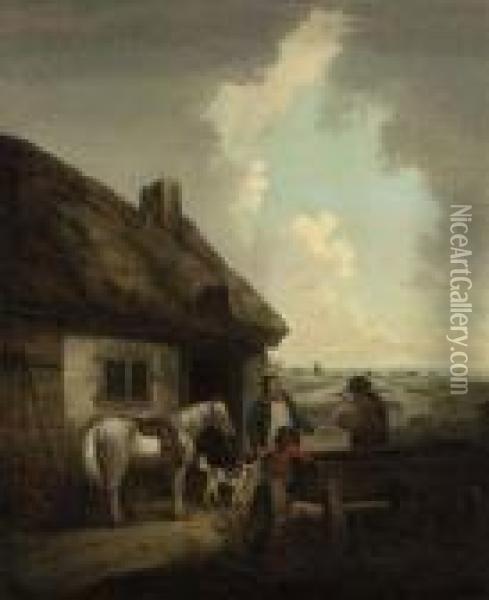 Figures Conversing Outside A Cottage Oil Painting - George Morland