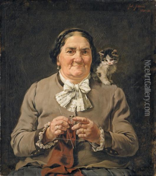 Die Mutter Des Kunstlersmit Katzchen Auf Der Schulter Oil Painting - Julius Adam