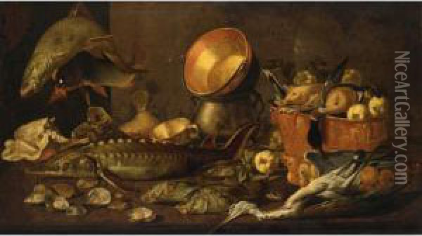 A Still Life With A Sturgeon, A Carp And Other Fresh-water 
 
 
 
 
 
 
 
 
 
 
 
 
 
 
 
 
Fish, Together With Copper Bowls, Shells, Oysters, Ducks In A Bucket, And A Heron, All On A Wooden Table Oil Painting - Gian Francesco Susini