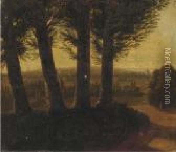 A Wooded Landscape At Dusk With A Figure Smoking A Pipe Oil Painting - Jean-Victor Bertin