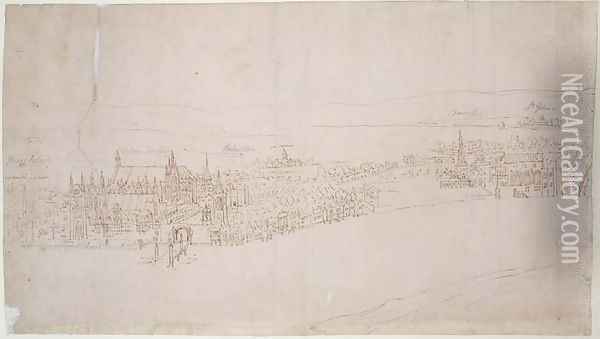 Westminster Palace, from The Panorama of London, c.1544 Oil Painting - Anthonis van den Wyngaerde