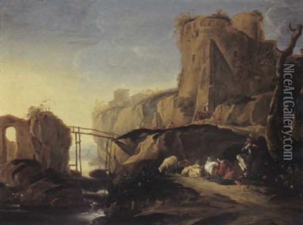 An Italianate Mountain Landscape With A Shepherd And Shepherdess Resting By A River With Their Flock Oil Painting - Adam Pynacker
