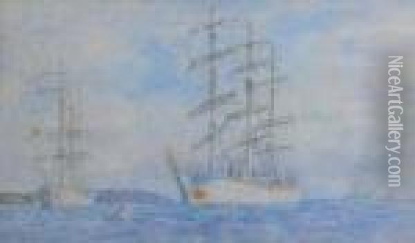 Clippers At Anchor In Carrick Roads, Falmouth Oil Painting - Henry Scott Tuke