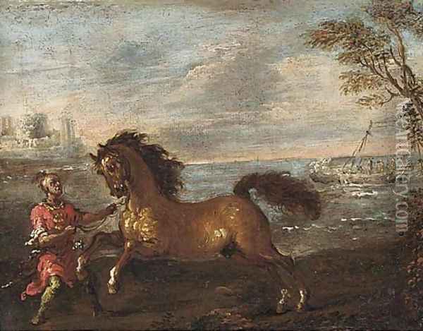 A coastal inlet with a Turk attending a horse Oil Painting - Francesco Simonini