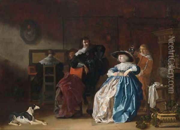 An Elegant Couple Conversing, Another Couple At A Virginal Together With A Servant In An Interior Oil Painting - Anthonie Palamedesz