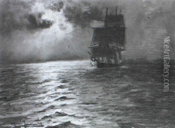 Segelschiff Auf See Bei Mondschein Oil Painting - Alfred Serenius Jensen