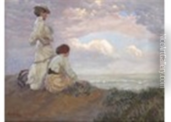 Two Elegant Ladies On The Coast, Gazing Out To Sea Oil Painting - Hans Hammer